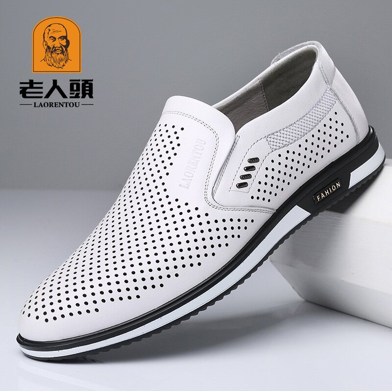 Old man's head cool leather shoes men genuine leather cards summer hollowed-out perforated vents white sandals 2022 new