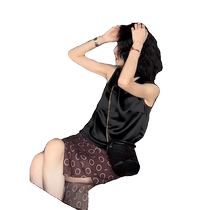 Black Acetate Sleeveless Vest Womens Summer Outerwear European Fashion Fashion Design Sleeveless Top