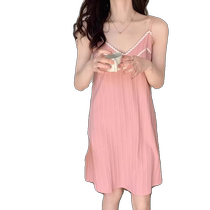Pink suspender nightgown for women summer pure cotton sexy pajamas 2024 new high-end home wear thin short skirt