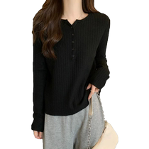 Black V collar Long sleeves Knitted Sweatshirt Woman Spring Autumn New Loose Veil to Hide The Undershirt Blouse