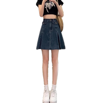 Workwear denim skirt womens summer new high-waisted retro hip-covering A-line skirt casual pleated short skirt
