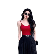 Red one-piece camisole top with black wide-leg pants for hot girl backless crotchless sleeveless top