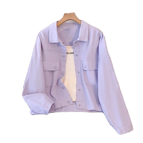 Purple short denim jacket for women spring and autumn new style fashionable and age-reducing casual versatile polo collar jacket top