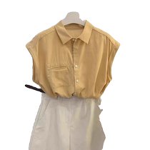 Temperament sleeveless shirt for women summer thin French style high-end shirt small lapel small flying sleeves right shoulder top