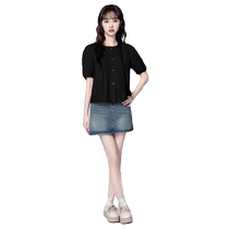 Black round neck puff sleeve shirt for women 2024 new summer style belly-covering slimming short-sleeved babydoll top