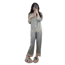 Ice silk pajamas for women summer thin high-end lace splicing long-sleeved cardigan satin home wear suit can be worn outside