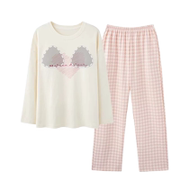 Pure cotton pajamas for women with chest pad autumn and winter long-sleeved pullover spring and autumn can be worn outside bra-free home wear set