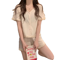 Pajamas with breast pads for women summer 2024 new short-sleeved pure cotton casual internet celebrity style simple v-neck cardigan two-piece set