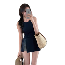 Hot girl camisole feminine shoulder-shouldered racer-shaped vest mid-length side slit tight-fitting pure lust style halter neck top