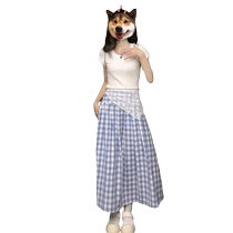 Blue and white plaid skirt for women summer new high-waisted drapey A-line long skirt pear-shaped figure crotch-covering umbrella skirt