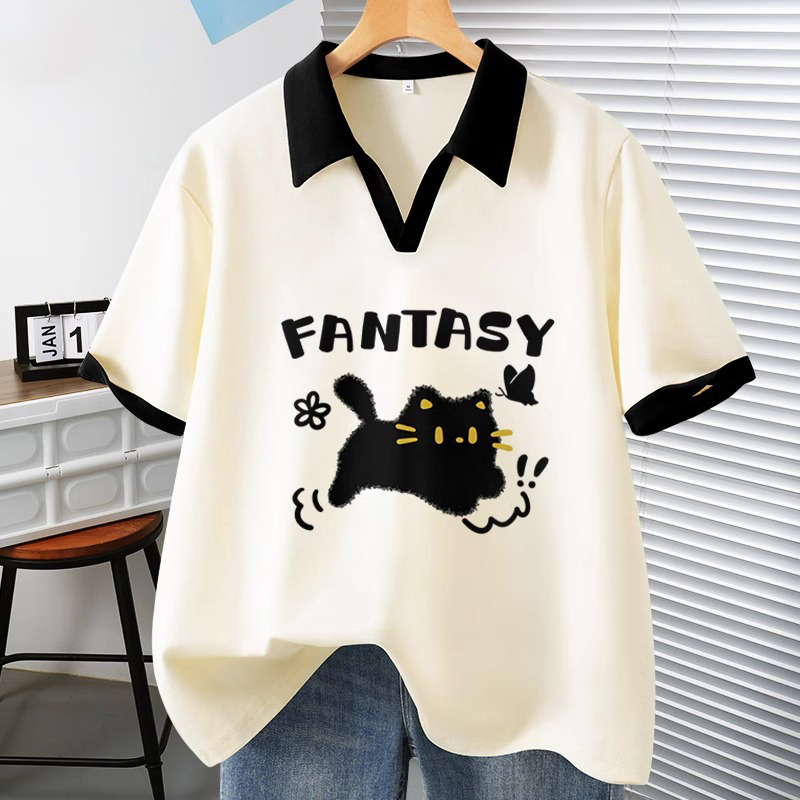 Contrast Color Polo Collar Short-Sleeved T-Shirt for Women Summer New Loose Fashion Age-Reducing Cat Print Lapel Half-Sleeved Top