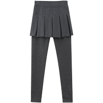 Fake two-piece hem leggings for women spring autumn and winter plus velvet and thickened outer wear warm cotton pants pleated tight skirts