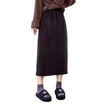 Thickened corduroy skirt for women autumn and winter high waist slit A-line skirt elastic waist mid-length plus velvet black skirt
