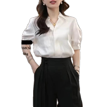 High-end white satin chiffon shirt for women summer 2024 new style beautiful small shirt top mid-sleeve shirt