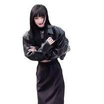 American high-end shoulder padded black short leather jacket for women spring and autumn new style and sassy leather jacket motorcycle wear