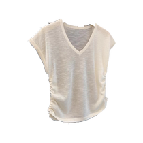 Ice silk knitted short-sleeved t-shirt for women 2024 new summer short waist style small shirt small flying sleeves v-neck top