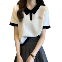 POLO collar short-sleeved T-shirt womens summer new loose cotton lapel T-shirt slim fashion age-reducing printed top