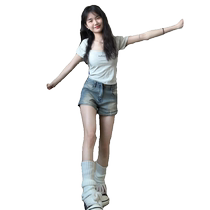 American retro petite denim shorts for women summer thin high-waist elastic slimming A-line hot pants for hot girls with wide legs