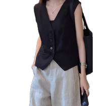 Black cotton and linen suit vest for womens summer outer wear small short sleeveless waistcoat linen vest top