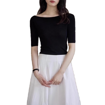 French collarbone one-line collar ice silk sweater short-sleeved womens summer thin black slimming half-sleeved top
