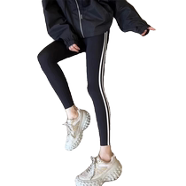 Shark pants womens outer wear spring and autumn thin high-waisted tight nine-point leggings small side striped sports yoga pants