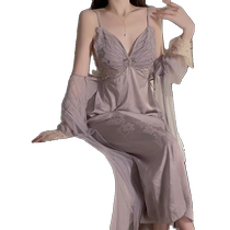 Sexy Pajamas Womens Padded Long Skirt Large Size Ice Silk Gathered Pure Lust Style Suspender Nightgown Home Clothes Outer Robe Set