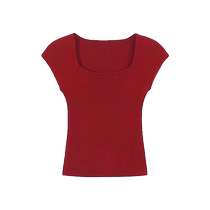 Red ice silk knitted short-sleeved T-shirt for women summer thin American hot girl square neck right shoulder T-shirt small flying sleeve top