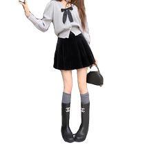 Velvet skirt womens autumn and winter new high-waist slim A-line skirt anti-exposure culottes short skirt black pleated skirt