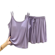 Modal Pajamas with Breast Pads and Suspenders for Women Summer Thin Tank Top Shorts Set Bra Free Anti-Bumps Home Clothes