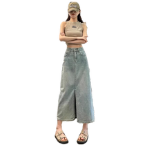 复古开叉牛仔半身裙女夏季薄款高腰显瘦磨破a字裙中长款包臀裙