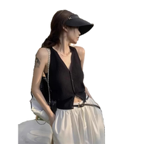 Black knitted camisole womens design sleeveless cardigan Korean style lazy style short halter top