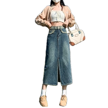 High-waist slit denim skirt for women spring and autumn new style raw edge a-line skirt pear-shaped figure crotch-covering mid-length skirt