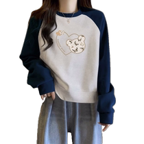 Navy short contrasting color raglan sweatshirt for women spring and autumn new American retro loose casual versatile long-sleeved top