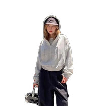 American retro gray short hooded sweatshirt jacket for women spring and autumn new loose casual versatile zipper cardigan