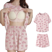Womens summer thin short-sleeved shorts pajamas with breast pads two-piece set loose and comfortable can be worn outside home wear set