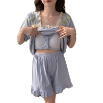 2024 New Princess Style Short Sleeve Pajamas for Women with Breast Pad All-in-One Suit Sweet and Can be Weared Outside in Summer Days as Home Clothes