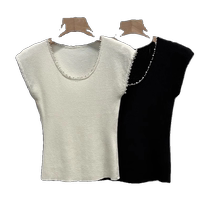 White knitted sleeveless vest for women high-end beaded edge slim fit sleeveless bottoming shirt waistcoat suit inner layer