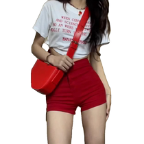 Red denim shorts for women summer new style American retro high-waisted A-line wide-leg pants slimming outer wear hip-covering hot pants
