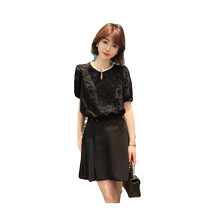 Black chiffon shirt short-sleeved T-shirt for women summer new style loose slimming unique and unique hollow lace temperament top