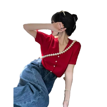 Xiaoxiangfeng red ice silk knitted short-sleeved cardigan for women in spring and autumn loose and stylish age-reducing and versatile v-neck half-sleeved top