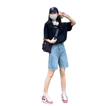 Retro blue denim shorts for women summer thin high-waisted straight loose wide-leg medium pants for small people versatile five-quarter pants