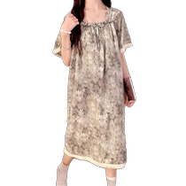 Comes with chest pad integrated ice silk nightgown womens summer short-sleeved thin ink painting 2024 new summer nightgown dress