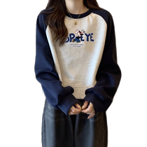 Short raglan sweatshirt for women spring and autumn new American retro loose casual all-match age-reducing printed long-sleeved top