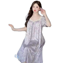Ice silk nightgown for women summer 2024 new style short-sleeved high-end palace style lace loose home wear with chest pads