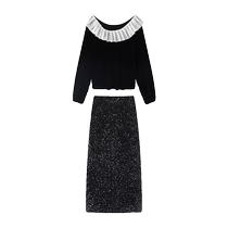 French black sequined skirt for women in spring and autumn high-waisted slim velvet hip-hugging skirt mid-length shiny a-line skirt