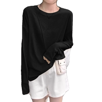 Summer black ice silk knitted sun protection blouse womens thin air-conditioning shirt loose long-sleeved T-shirt suspender top
