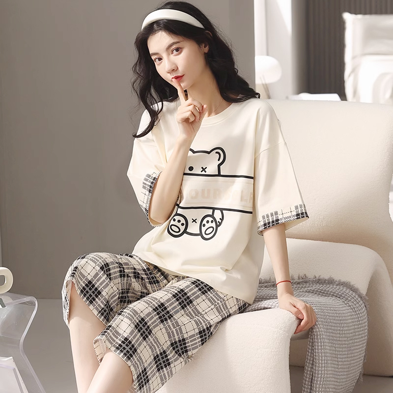 Summer Pajamas for Women 2026 New Summer Pure Cotton Thin Age-Reducing Three-Quarter Pants Short-Sleeved Women's Home Wear Set