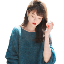 Cashmere sweater autumn and winter new blue lantern sleeve sweater loose mohair thin long-sleeved pullover sweater
