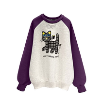 2024 new spring autumn and winter retro style cat color matching loose pullover round neck mid-length sweatshirt for women trendy plus velvet