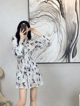 Early autumn temperament dress female French retro waist slim senior sense small age reduction long sleeve print shirt skirt